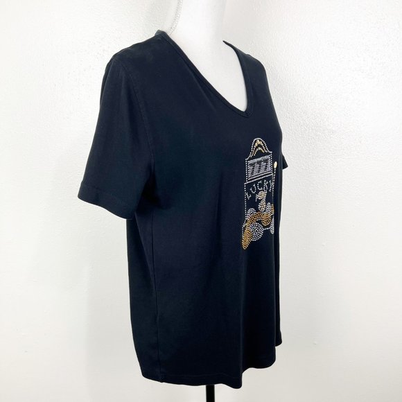 Lyn Dorf Shirt Women Extra Large Black Gold Lucky 7 Rhinestone Studs V-Neck Tee - Picture 3 of 10